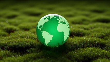 Glowing Green Earth Globe on Lush Mossy Ground, Symbolizing Environmental Protection and Sustainability.