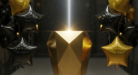 A luxurious gold and black celebratory background with shiny star balloons, a glowing geometric pedestal, and sparkling particles.