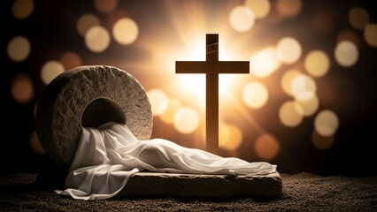 Empty Tomb and Cross with Glowing Light, Symbolizing Resurrection and Hope.