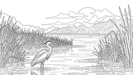 A serene heron stands in a tranquil wetland surrounded by tall grasses and reeds under a cloudy sky