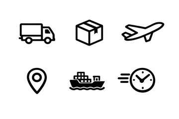 Transportation and delivery icon set with shipping, logistics and transport symbols. Black flat vector icons with transparent background for UI, apps and ecommerce platforms.