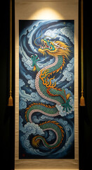 Majestic Eastern Dragon Amidst Swirling Clouds and Stars on a Traditional Hanging Art Scroll