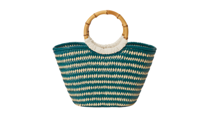 Woven straw beach bag with round handles isolated on white background
