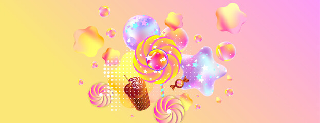 Background for the holiday Gimme Gummy Sweet. Pink and orange kawaii background. Illustrations of Festive balloons