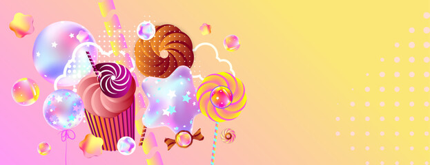 Background for the holiday Gimme Gummy Sweet. Pink and orange kawaii background. Illustrations of Festive balloons