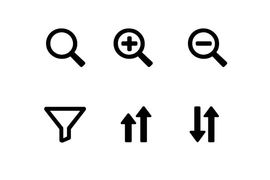 Search tools vector icon set featuring filters, sorting and query actions. Black flat icons ideal for dashboards, SaaS platforms and digital interfaces.