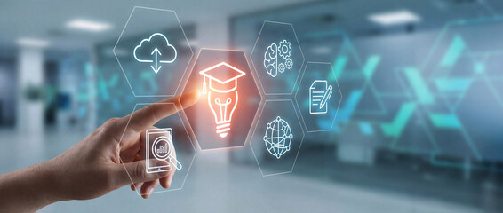 Digital education and e-learning innovation concept with hand touching virtual interface showing graduation cap, cloud learning, data analytics, artificial intelligence, and smart knowledge management