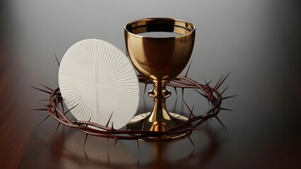 Eucharist elements - chalice, host, and crown of thorns, symbolizing Christian faith and sacrifice.