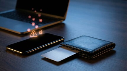 Smartphone, credit card and wallet with alert icons, payment risk