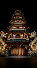 Majestic East Asian Pagoda and Golden Dragons in a Grand Ceremonial Setting on Black Background