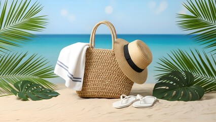Straw beach bag with hat, towel, and sandals on a sandy beach with palm leaves and ocean in the background.