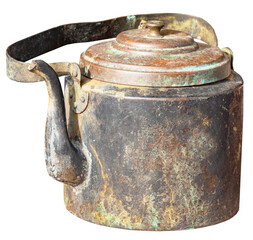 An old brass teapot on a white