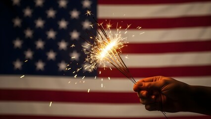 Hand holding a sparkling firework against a blurred American flag, celebrating independence day.