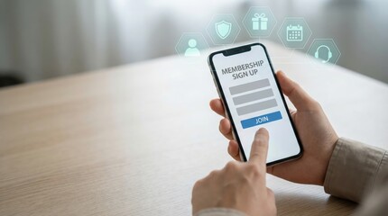 Hand using smartphone for membership signup, account creation and access