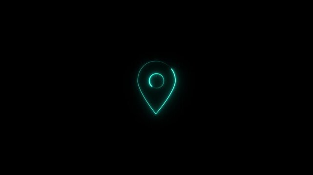 Abstract location glowing neon icon fast tracking map pin icon animation, digital location marker symbol. search address position map tracking road place sign.4k video