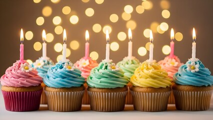 Colorful cupcakes with lit candles, perfect for a birthday celebration.