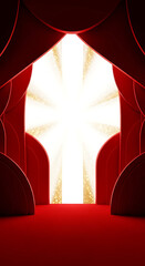 A grand and opulent red stage entrance revealing a luminous and sparkling portal of light