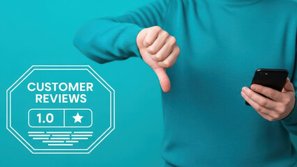 Customer giving negative review with thumbs down gesture and low rating icon on vibrant turquoise background
