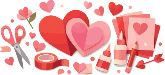 DIY Valentine Crafts. Handcrafted Valentine composition built from cut paper hearts and simple craft shapes, modern flat vector