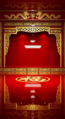 Luxurious traditional Chinese New Year background featuring golden dragons and 'Fu' character on a vibrant red stage