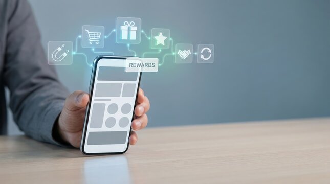 Hand holding smartphone with reward system, loyalty points and payback