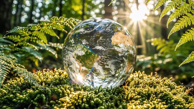 Glass Globe in Forest Sunlight - A glass globe rests on vibrant green moss, surrounded by ferns and illuminated by bright sunlight filtering through the trees.
