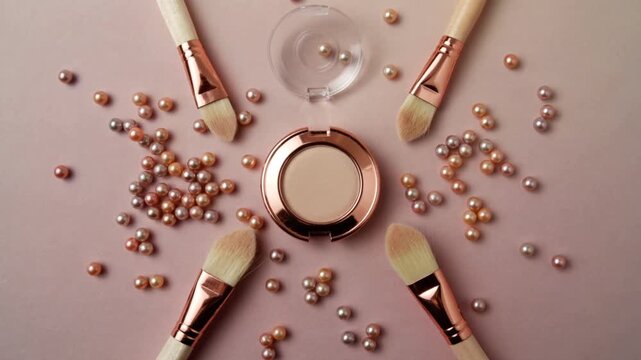 Makeup brushes and compact powder with scattered pearl-like beads on a soft pink background video motion 4k, ideal for beauty blogs, makeup tutorials, and cosmetic product promotions,