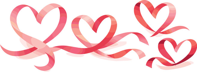 Ribbon Heart Art. Flowing ribbon strands curled into elegant heart shapes with soft movement, modern flat vector illustration