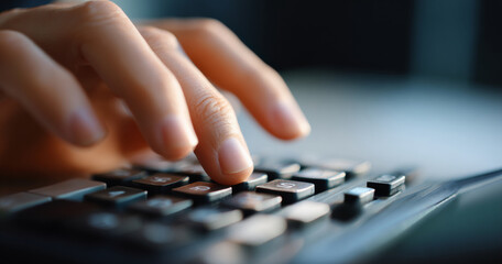 Close-up of a person pressing buttons on a calculator with shallow depth of field and soft lighting