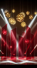 Luxurious Modern Stage Design with Golden Geometric Pendant Lights and Reflective Red Panels