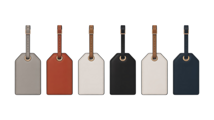 Set of colorful leather luggage tags with straps isolated on white background
