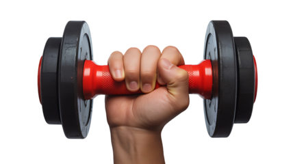 Hand holding dumbbell for fitness strength training isolated on white background
