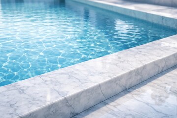 Obraz premium Clear Water Reflecting Sunlight in a Marble Pool Area Surrounded by Smooth Stone Steps During the Afternoon