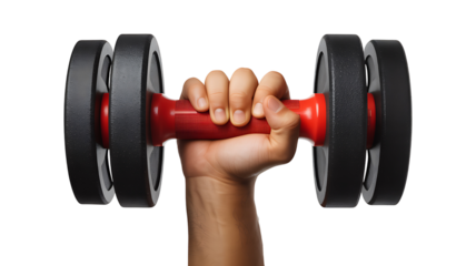 Hand holding dumbbell for fitness strength training isolated on white background
