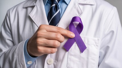 Purple Awareness Ribbon Image with Doctor in Lab Coat Supporting Health Causes