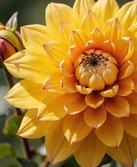Vibrant yellow dahlia bloom with swirling petals in sunlight