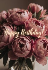 Pink peonies bouquet with happy birthday message