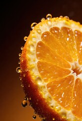 Close-up of fresh orange slice with water droplets against brown background