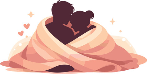 Cozy Couple Embrace. Cozy couple silhouettes cuddling closely under a soft blanket with gentle glowing accents, modern flat vector