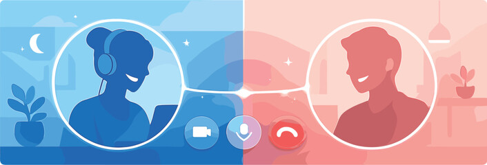 Connected Silhouettes. Split-screen composition showing two smiling silhouettes connected through a glowing video call interface,