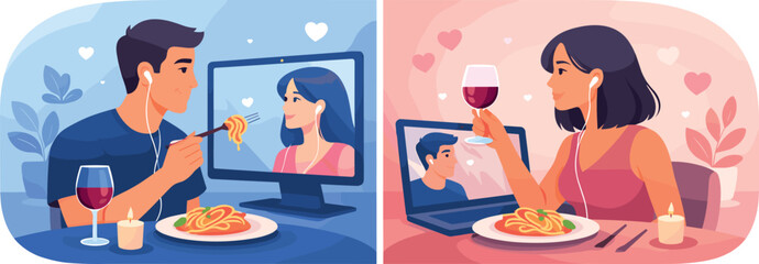 Virtual Dinner Date. Split-screen romantic setup showing two people sharing a virtual dinner through glowing screens, modern flat