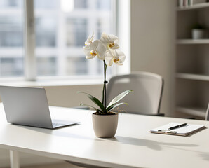 Modern office desk with laptop and orchid plant near window