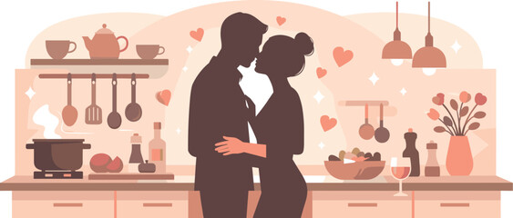 Kitchen Romance Silhouettes. Couple silhouettes sharing a tender moment in a cozy kitchen with soft lighting, cooking utensils,