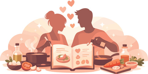 Cooking in Harmony. Couple silhouettes cooking together with open recipe books, ingredients, and heart accents, modern flat vector