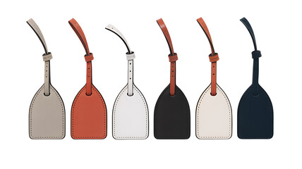 Colorful leather luggage tags with straps isolated on white background
