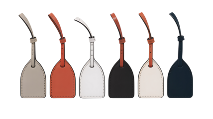 Colorful leather luggage tags with straps isolated on white background
