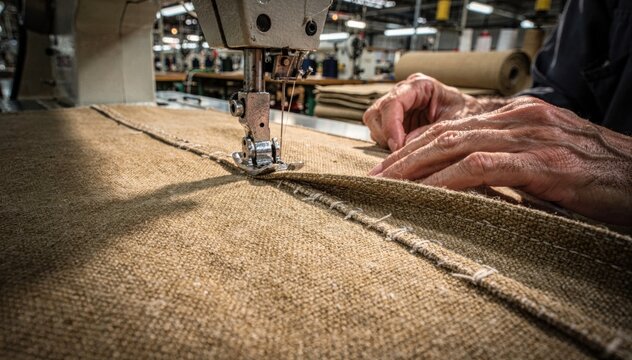 Skilled worker performing bartack reinforcement on heavy canvas fabric using an industrial sewing machine to enhance seam strength and durability in a textile factory.
