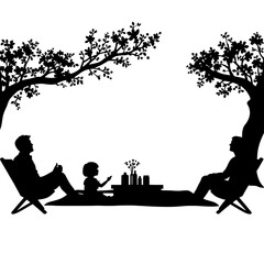 Family picnic silhouette with parents and child sitting outdoors under trees, enjoying leisure time together in nature.