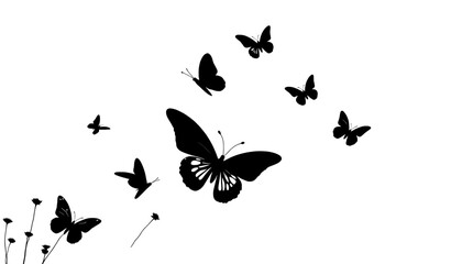Black butterfly silhouettes flying in different positions, isolated on a white background, represent nature, freedom, and transformation.