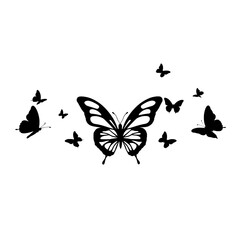 Black butterfly silhouettes with a central, detailed butterfly surrounded by flying butterflies, isolated on a white background, representing nature, freedom, and transformation.